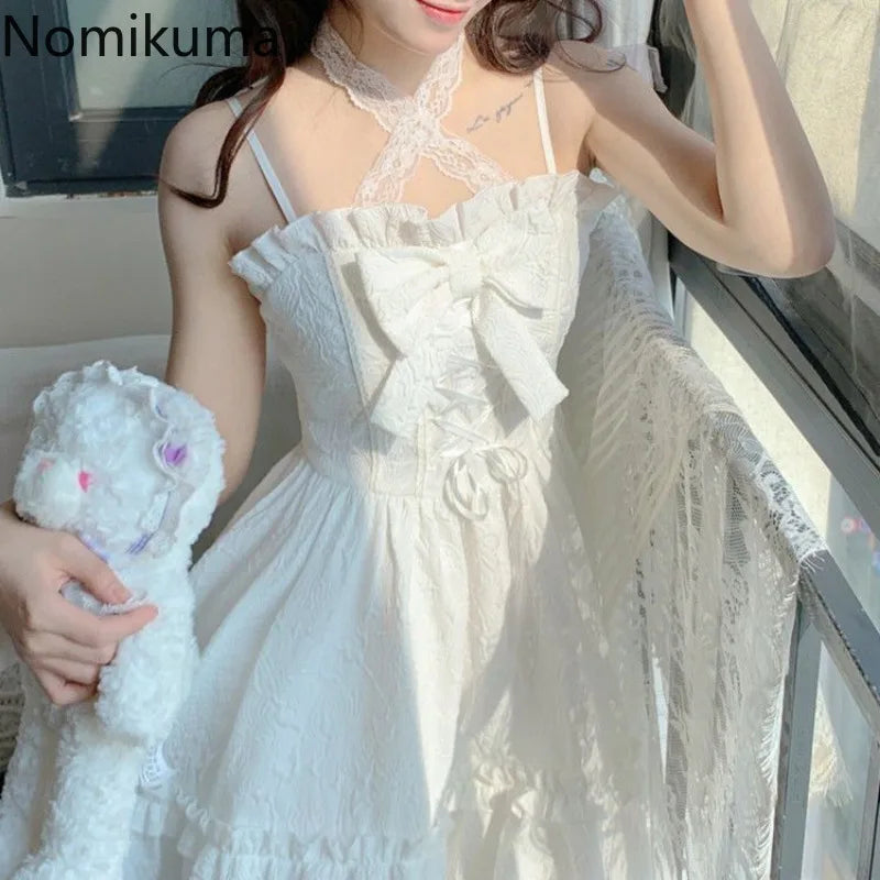 2025 Vestidos De Mujer Cute Summer Dresses for Women Lolita Style Japanese Sweet Robe Femme Bandage Bow Ruffles White Dress