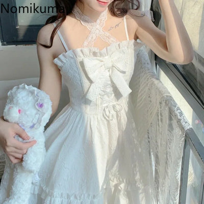 2025 Vestidos De Mujer Cute Summer Dresses for Women Lolita Style Japanese Sweet Robe Femme Bandage Bow Ruffles White Dress