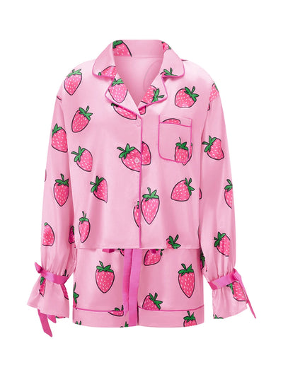 Women's 2 Piece Lounge Set Long Sleeve Lapel Strawberry/Bow Print Button Up Tops Shorts Sleepwear Sets