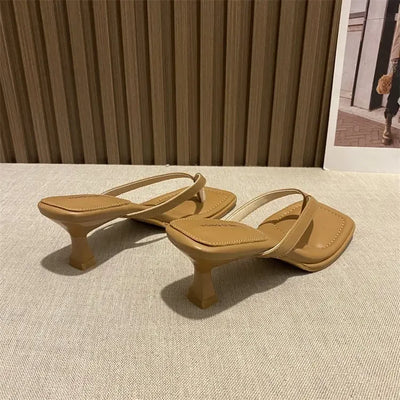 Flip Flops Women Summer Outside New Square Head Slim Heel Sandals Fashion Clip Toe Slippers Women Sandals Pantuflas De Mujer