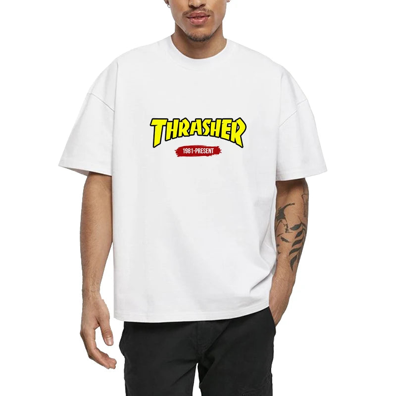 T-shirts for Men Personalized T-Thrashers Y2k Clothing High Quality Summer Tops Vintage Streetwear Short Sleeve Tee White