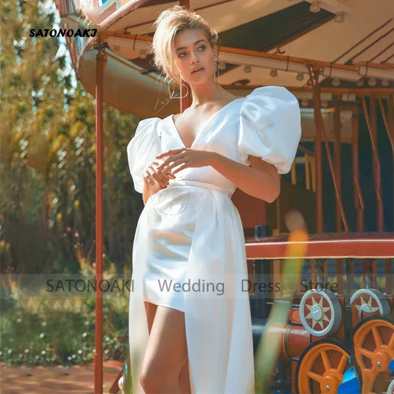 Customized Elegant V-Neck Satin Sheath Short Wedding Dress for Bride Puff Sleeves Bridal Gowns Backless Party Vestidos De Novia