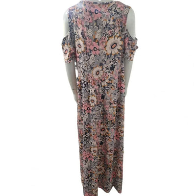 Women Summer Dress Flower Print Hollow Out Short Sleeves V Neck Dress-up Pleated Off Shoulder Soft Maxi Dress Women Clothes