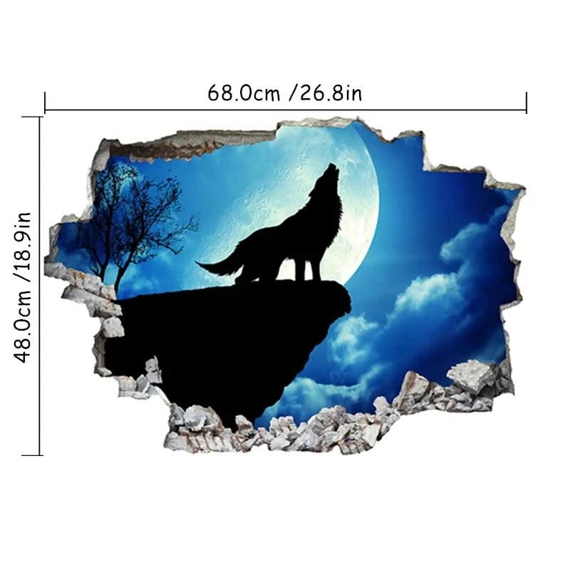 3D Broken Wall Hole Art Moon Night Wolf Howls Vinyl Mural Stickers Room Decorations for Home Items Self Adhesive Animal Poster