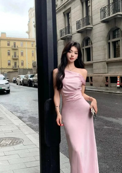 Satin Sexy Off Shoulder Dress Women Pink Skinny Elegant Soft Dress Classic Fashion Party Evening Gown Sleeveless Lady Vestidos