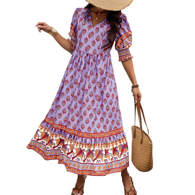 dresses for women Fashion summer Casual long dresses Bohemian V-Neck Printed High Waisted Big Swing Dress vestidos cortos