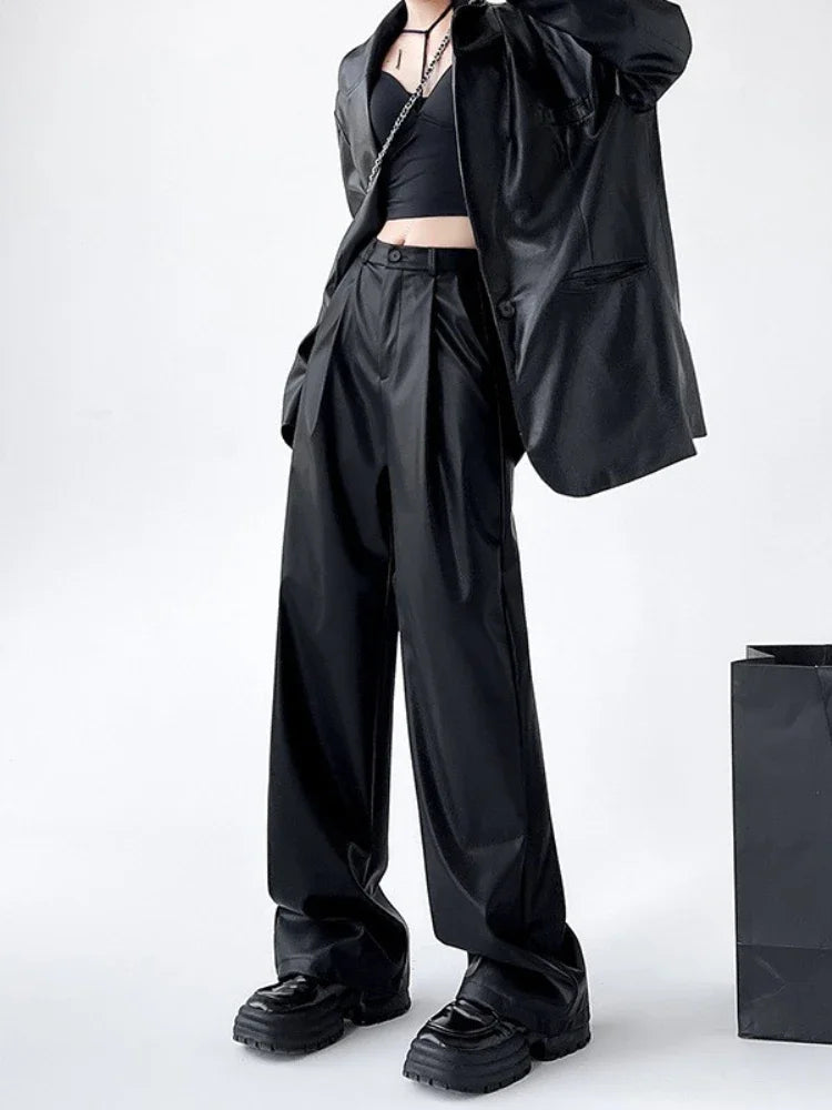 Women's Wide Leg Pants PU Straight Pants Autumn New Fashion Pantalones Mujer Solid Black Brown Leather Pants Women Streetwear