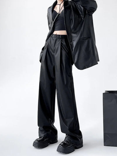 Women's Wide Leg Pants PU Straight Pants Autumn New Fashion Pantalones Mujer Solid Black Brown Leather Pants Women Streetwear