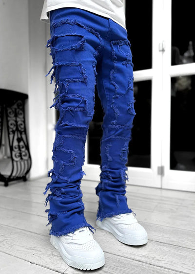 New Fashion Stretch Jeans Man Stacked Jeans Elastic Waist Straight Fit Patchworks Denim Long Pants Fringe Ripped Jeans For Men