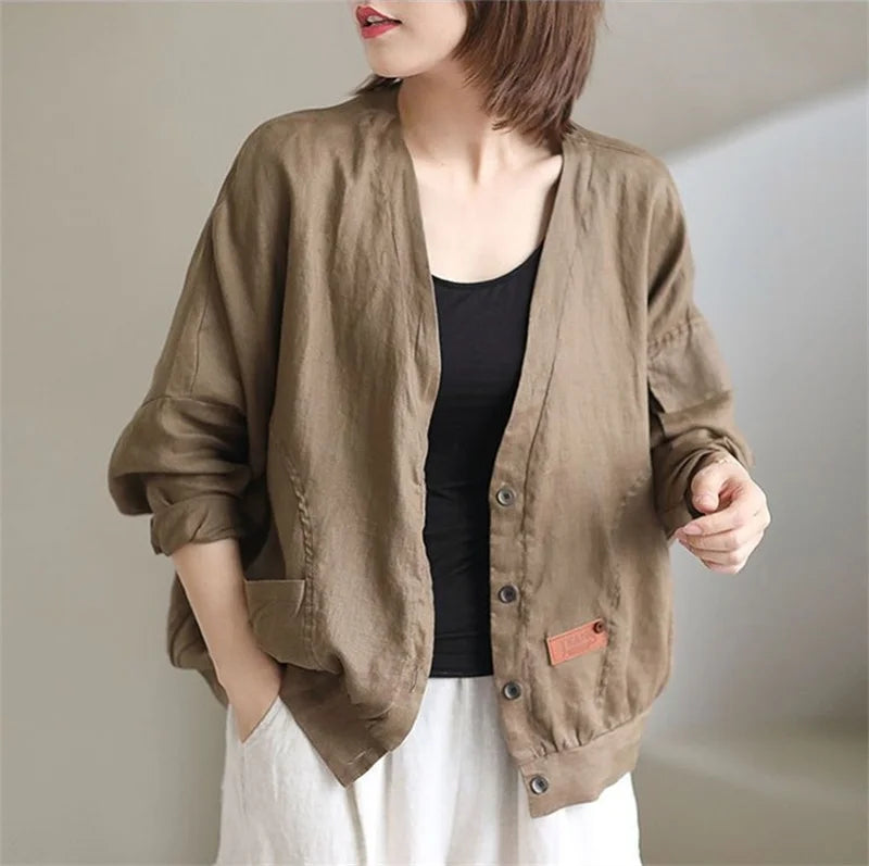 Fashion Cotton Linen Short Jacket For Women Spring Autumn New  Retro Loose V-Neck Thin Casual Top Coat Sunscreen Clothing