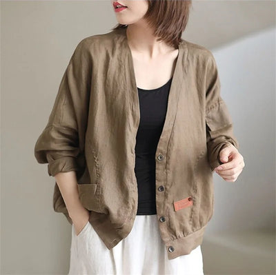 Fashion Cotton Linen Short Jacket For Women Spring Autumn New  Retro Loose V-Neck Thin Casual Top Coat Sunscreen Clothing