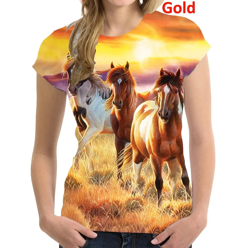 Fashion 3D Printing T Shirt Animal horse Women Funny Short Sleeved Tees Women Tops Pullover Tee