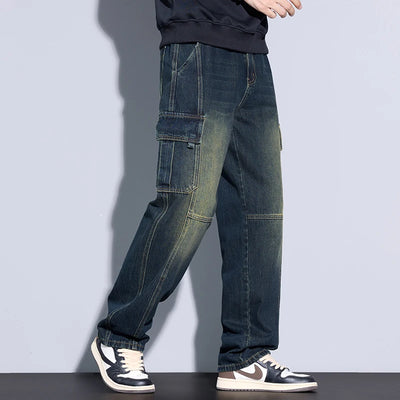 Men's 97% Cotton Straight Cargo Jeans Trendy Multi-pocket Nostalgic Loose Trousers Man American Vintage Fashion Denim Pants