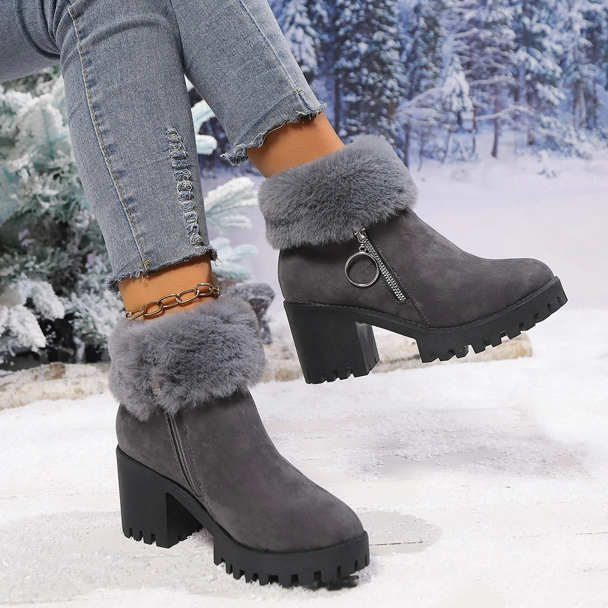 Women's Boots Winter for Ankle Rubber Outsole Warm Cotton Leather Fur Integrated Boots Botas Mujer Platform Ankle Boots Elegant