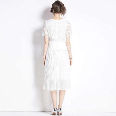 Luxury Evening Dress Women Summer Vacation Short Sleeve Pleated Lace Chiffon Long Dresses White Single Breasted Midi Party Robe