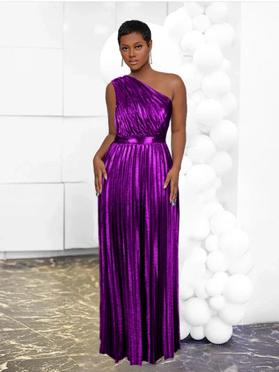 Elegant Women Even Dresses Luxury Maxi Long Metallic Pleated Dress One Shoulder Sleeveless Premium Shiny Shimmer Gowns Big Size
