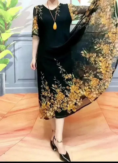 Women's Clothing Stylish Floral Printed Long Dress Summer Short Sleeve Casual Gauze Spliced Elegant V-Neck A-Line Waist Dresses