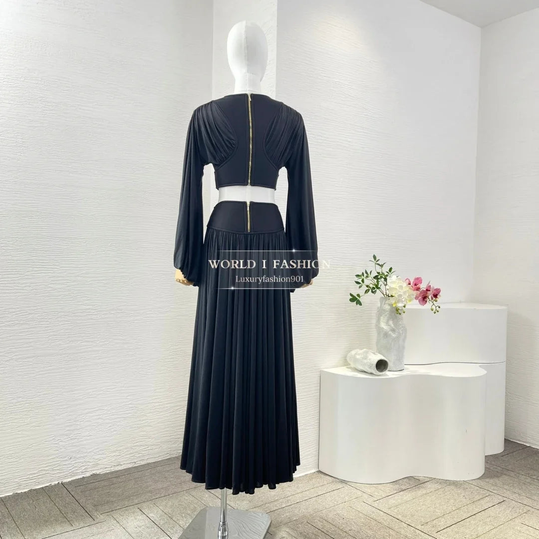 Woman Clothing Black Long Sleeve Blouse Tops and Midi Skirt Set