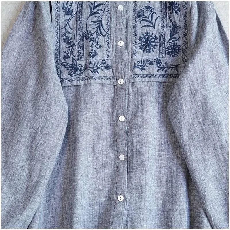 Cotton Linen Floral Embroidery Blouses Shirts For Women Tops Loose Oversize Lantern Long Sleeve Casual Boho Beach Summer Blusas