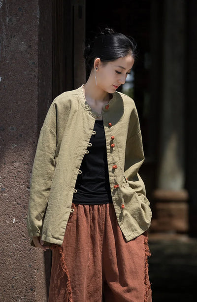 Cotton Linen Women's Literary Vintage Ramie Tops Shirt Women's Patchwork Colour Plate Button Lapel Cardigan Jacket Chinese Style