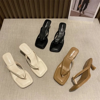 Flip Flops Women Summer Outside New Square Head Slim Heel Sandals Fashion Clip Toe Slippers Women Sandals Pantuflas De Mujer