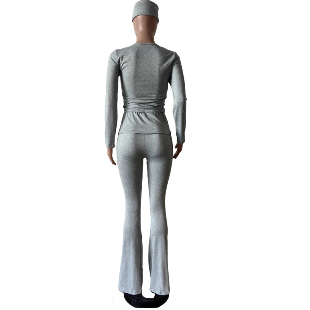 2 Two Piece Lounge Wear for Women 2024 Loungewear With Headband Yoga Outfit Long Sleeve Tops and Flare Pants Sets Tracksuit