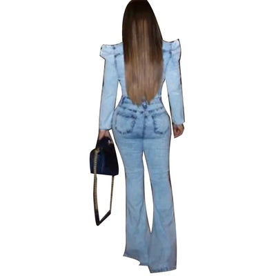 Full Length Overalls Women Jeans Bleached Washed Denim Mid Waist Jumpsuits Single Breasted Sashes Spliced Vintage Casual