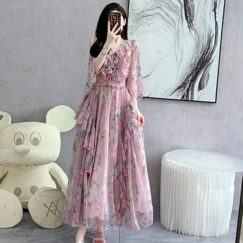 Women Sexy Off Shoulder V Neck Floral Print Dress Summer Gorgeous Flower Pink Chiffon Cascading Ruffles Evening Party Prom Robe