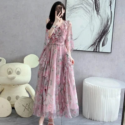 Women Sexy Off Shoulder V Neck Floral Print Dress Summer Gorgeous Flower Pink Chiffon Cascading Ruffles Evening Party Prom Robe