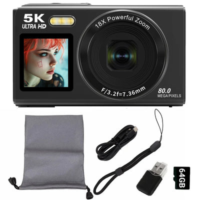 Digital Camera CCD Dual Screen Portable Digital Camera with18X Zoom 5K Vlogging Camera 80MP CCD Selfie Camera with 64GB Card