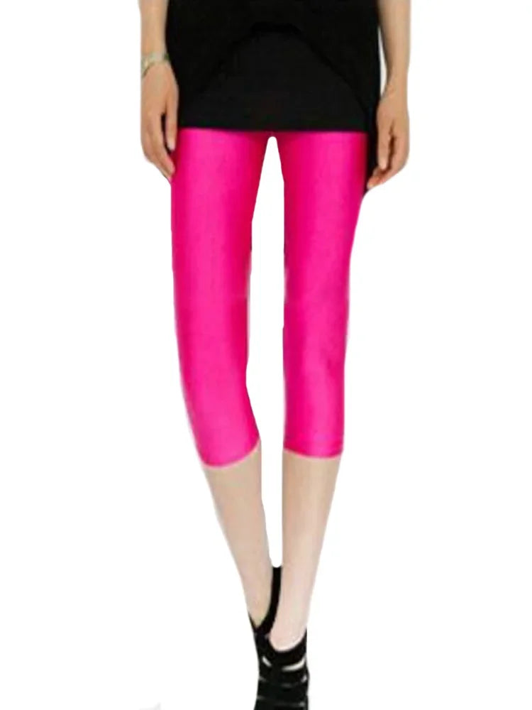 CUHAKCI Fluorescent Color Women Leggings Shiny Leggins Spandex Pants Summer Super Elastic Fitness Capris