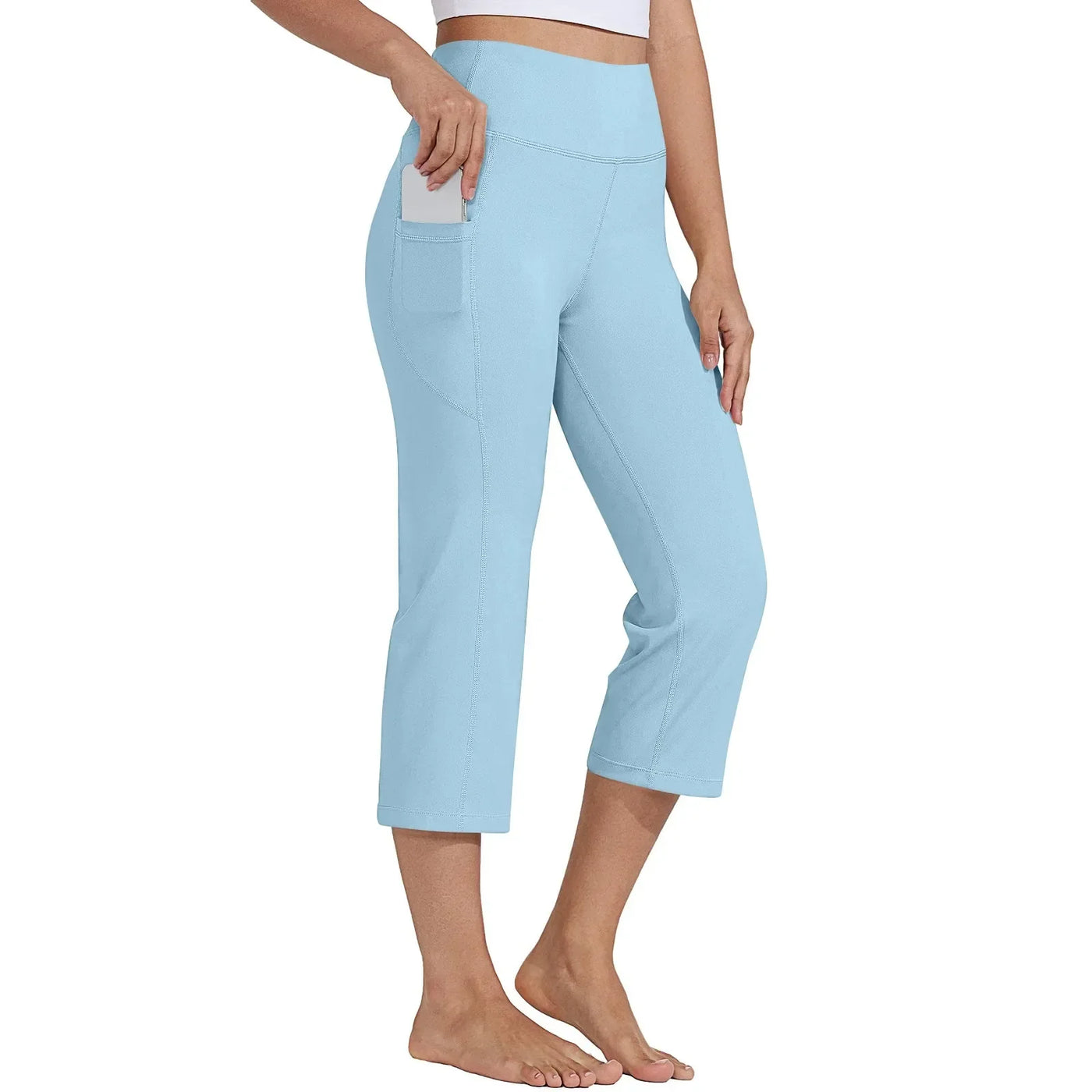 Women  Elastic High Waist 3/4 Pant Casual Active  Fit Wide Capris Leg Pants Trousers With Pockets Pants Woman брюки женские