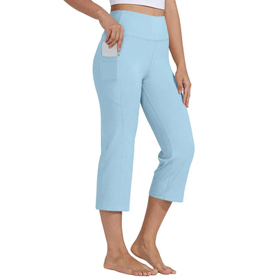 Women  Elastic High Waist 3/4 Pant Casual Active  Fit Wide Capris Leg Pants Trousers With Pockets Pants Woman брюки женские