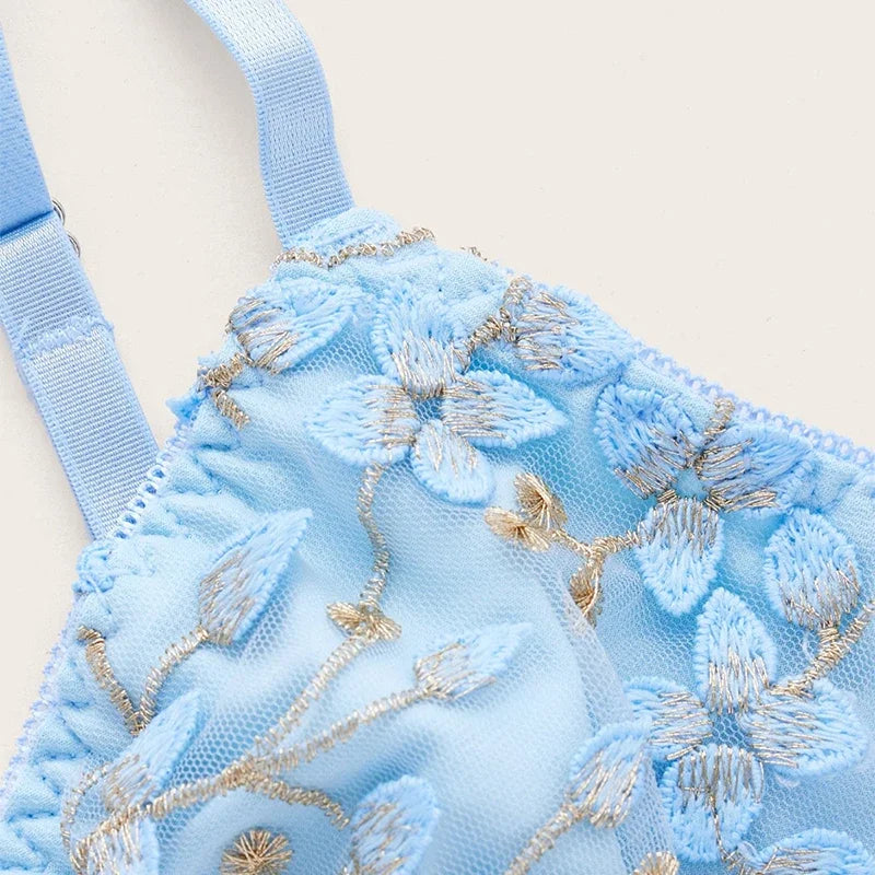 Women Blue Camisole Vest Bra Embroidery Flower Corsets Slim Fit Versatile Lady Bustier Corset Tops Sexy Mesh Back Lingerie