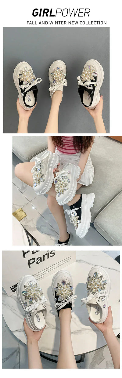 Spring New Women Sneakers Slipper Designer Platform Mules Flat Sandal Sweet Casual Lace Up Pearl Crystal Shallow Ladies Shoes