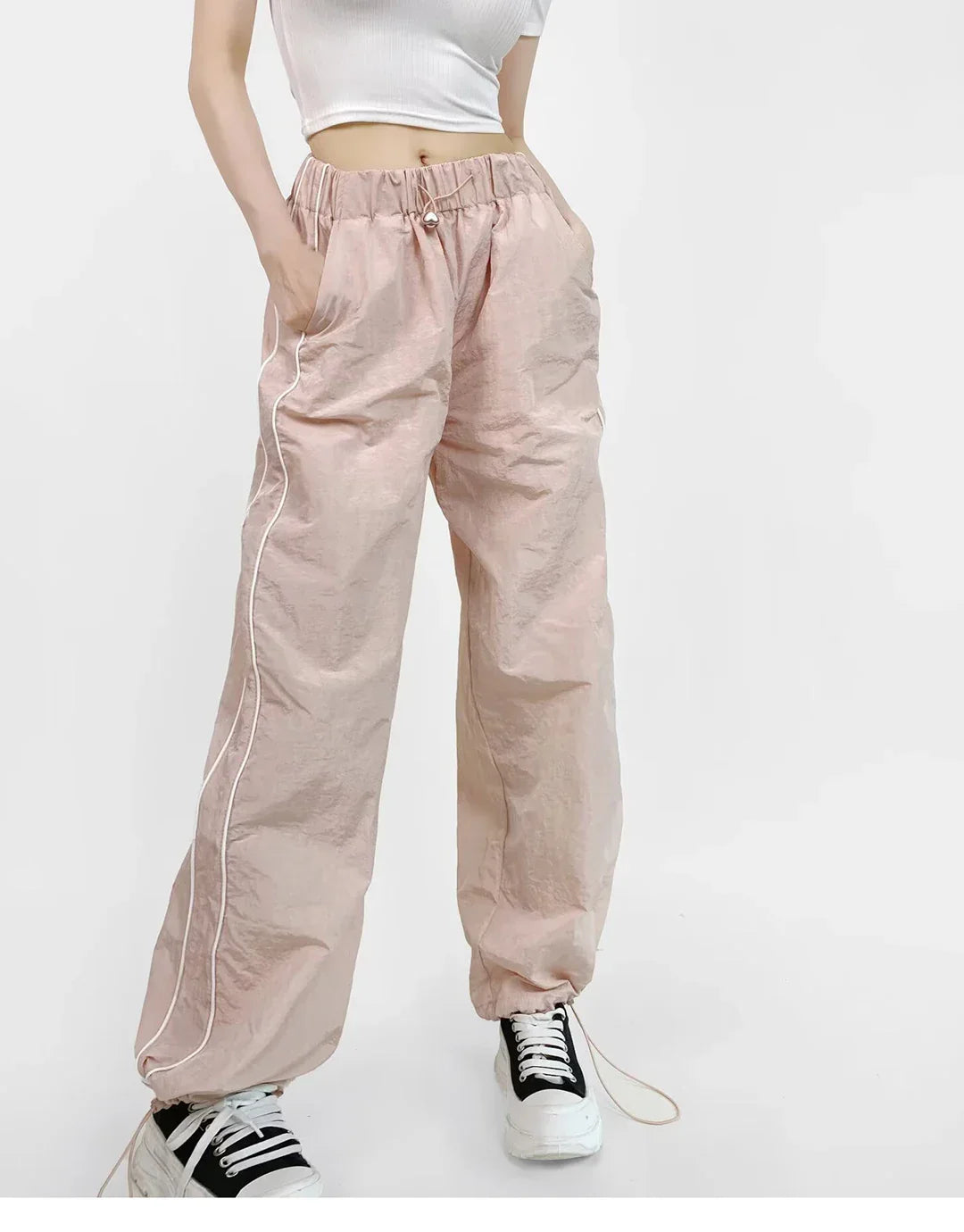 Women's Wide-Leg Joggers Adjustable Ankle Cuffs Side Stripes Drawstring Waist Lightweight Streetwear