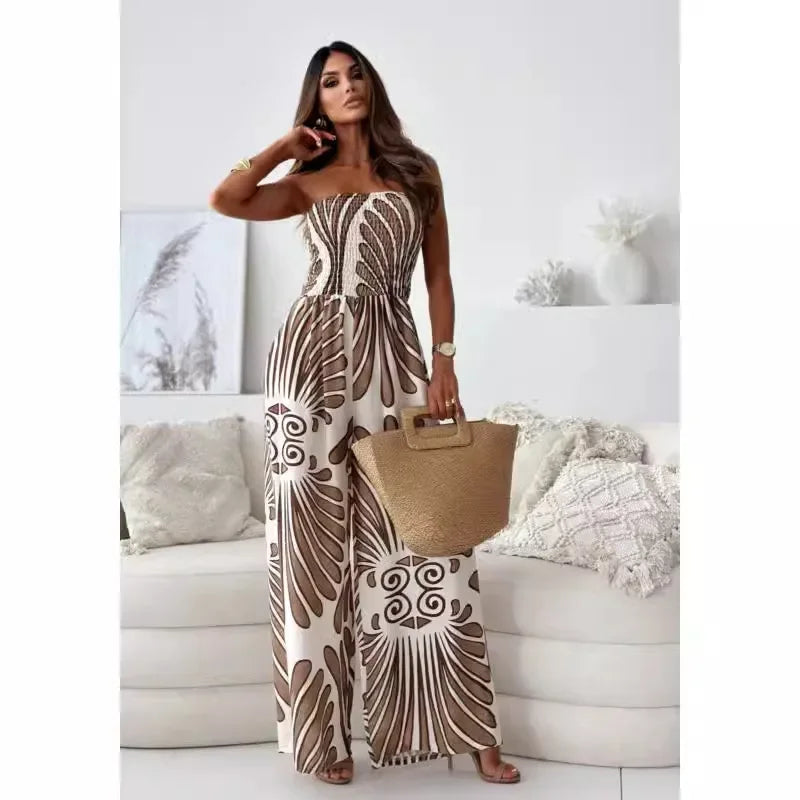 Jumpsuit for Women Fashionable Printed Tube Top Waisted Wide-leg Trousers Elegant One Pieces Jumpsuit for Women
