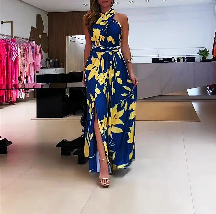 Women's Dress New Summer Printing Boho Robe Hanging Neck High Waist Split Sexy Dress Long Dresses Woman Clothing Party Dresses