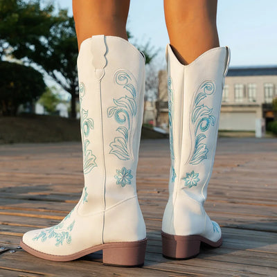 Women's Boots  New Embroidered Long Tube Boots Low Heel Calf Waterproof Cold Resistant Comfort Fashion Knight Boots