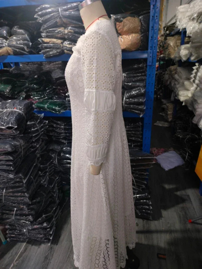 White Lace Dresses for Women Wedding Guests Elegant Turn Down Collar Puff Sleeves Pleated Hem Midi Dress Luxury Occasion Clothes