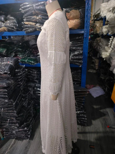 White Lace Dresses for Women Wedding Guests Elegant Turn Down Collar Puff Sleeves Pleated Hem Midi Dress Luxury Occasion Clothes