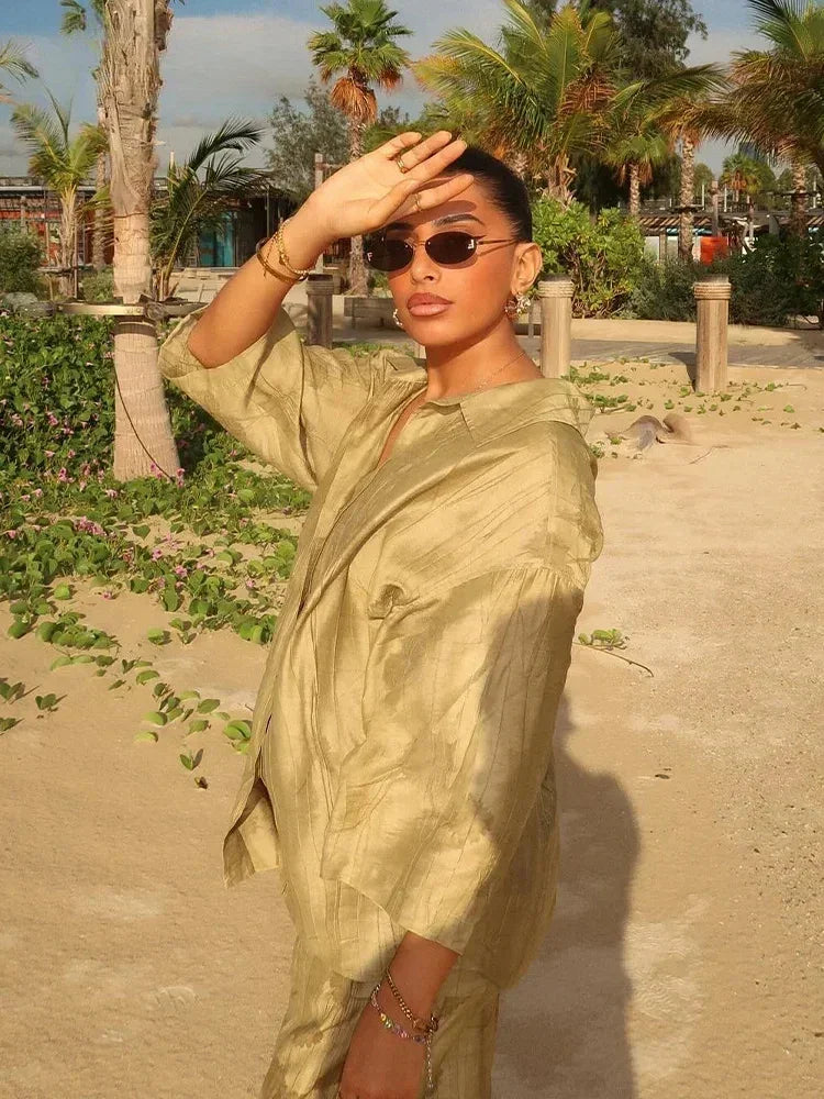 Women's Jacquard Oversized Shirt Trousers Short Sleeves Suit Lapel Shirt High Waist Elastic Straight Leg Pants Chic Female Set