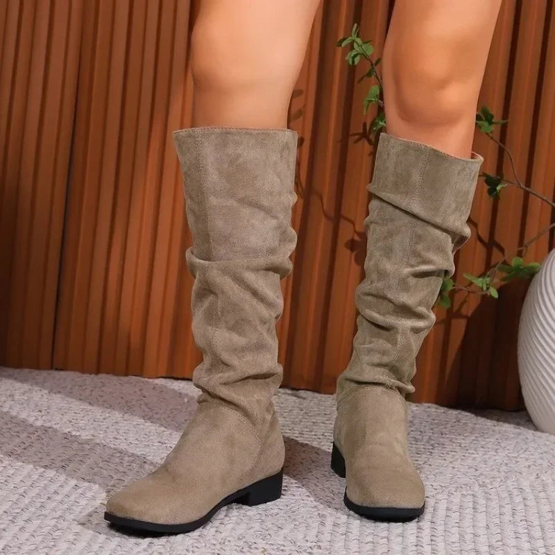 Women's fashion boots stylish round-toed designer high boots, simple nude pleated plus-size women's boots for autumn and winter