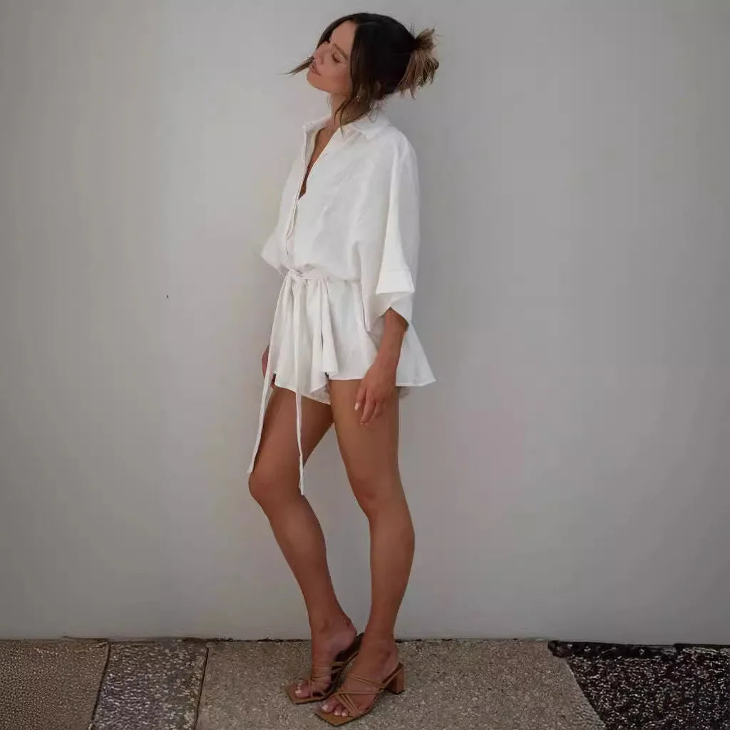 Women's Jumpsuit Spring/summer New Style With Collar Mid Sleeves Waist Strap Fashionable Loose Short Style Solid Color Jumpsuit