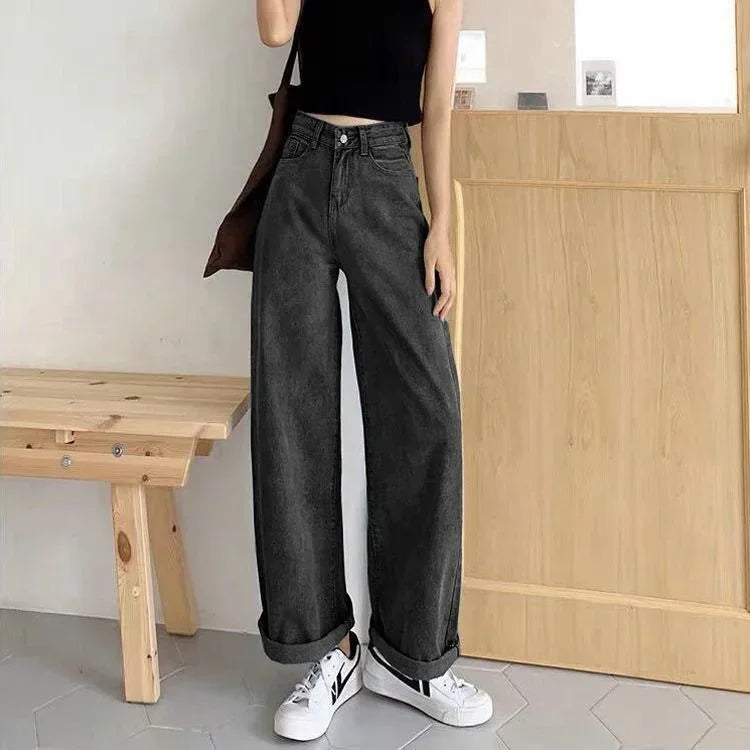 Loose Straight Cylinder Women Jeans High Waist Slimming Long Pants Trendy Cotton Fabric Comfortable Casual Style