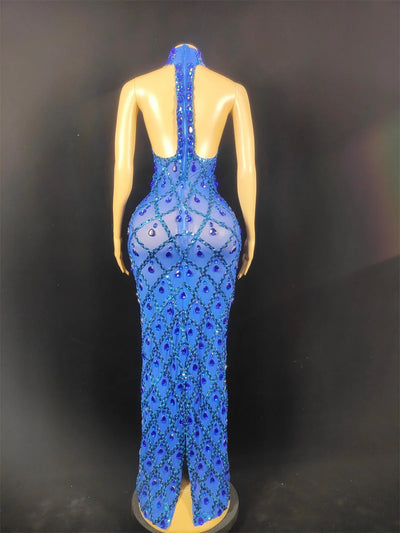 Women Sexy Stage Shining Rhinestone Sequins Dress Evening Prom Birthday Dress Transparent Performance Singer Club Host Dress