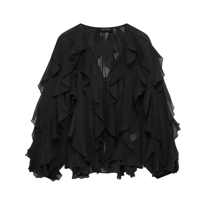 Ruffles Elegant Shirts & Blouses for Women 2025 Long Sleeve Semi-Transparent Tops For Women Spring Shirt And Blouse Top