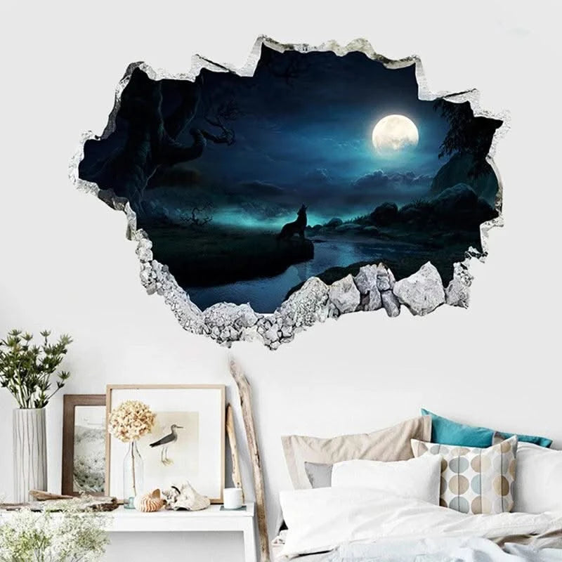 3D Broken Wall Hole Art Moon Night Wolf Howls Vinyl Mural Stickers Room Decorations for Home Items Self Adhesive Animal Poster
