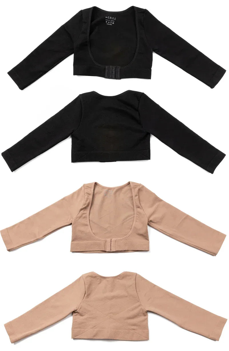 Upper Arm Shaper Post Surgical Slimmer Compression Sleeves Posture Corrector Tops Shapewear for Women 3/4 Sleeve Crop Top Nude