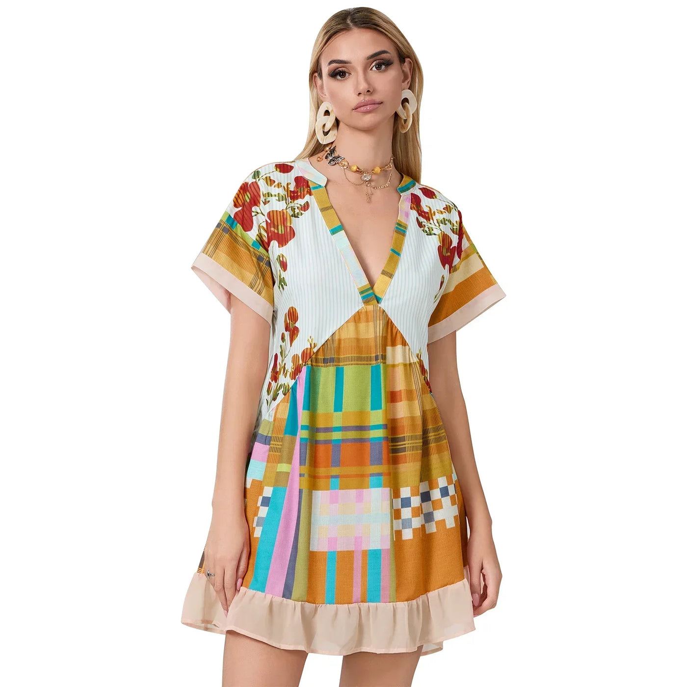 Women Summer Babydoll Dress Bohemian Holiday Vintage Floral Print Short Sleeve Deep V-Neck Flowy Dress with Pockets